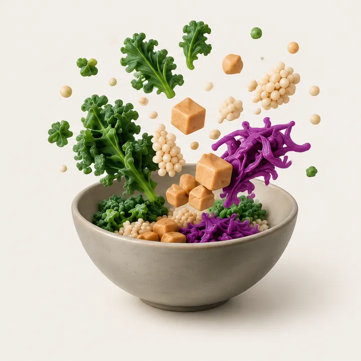 A bowl of kale, tofu, pearl couscous and red cabbage — the Byte Balance meal bowl