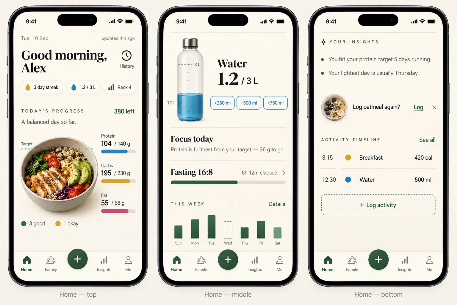 Three Byte Balance home screens: today's calories and macros in a bowl gauge, a water bottle and 16:8 fasting timer, and personal insights (illustrative design with sample data)